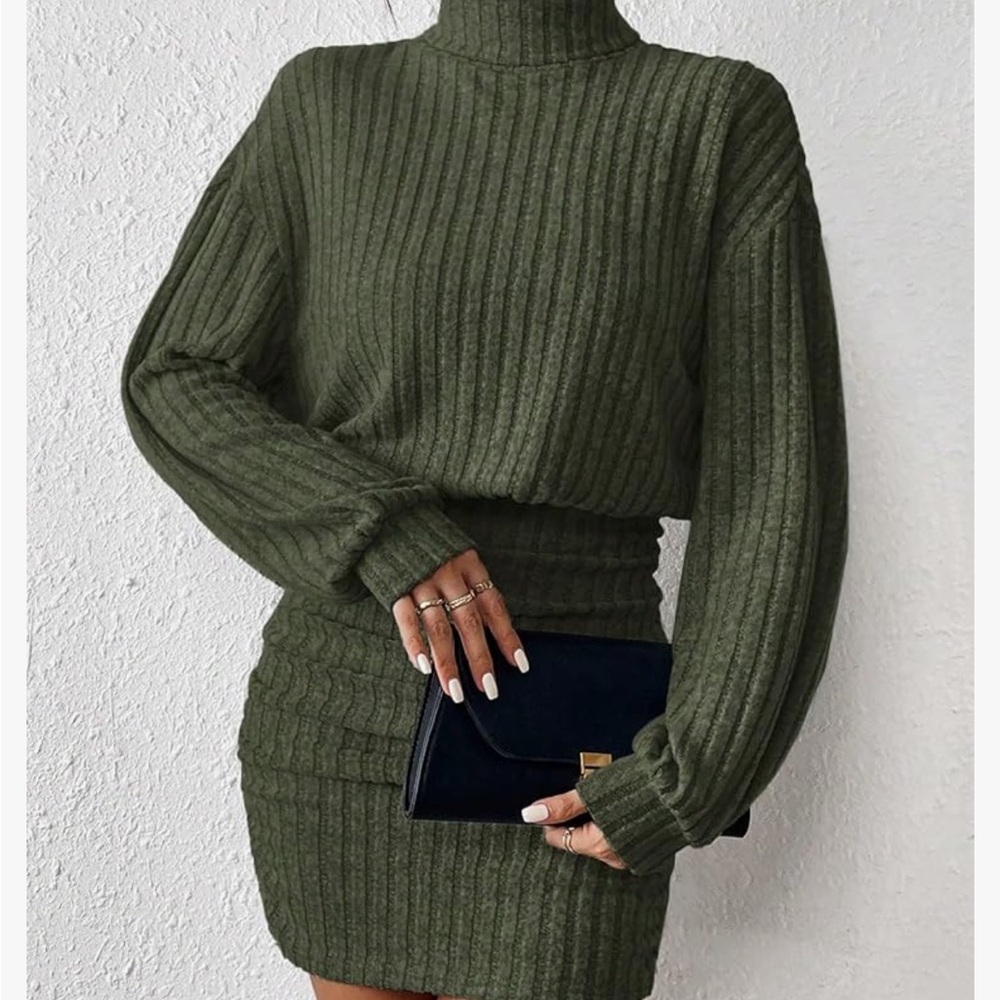 Green Ribbed Knit Sweater Dress